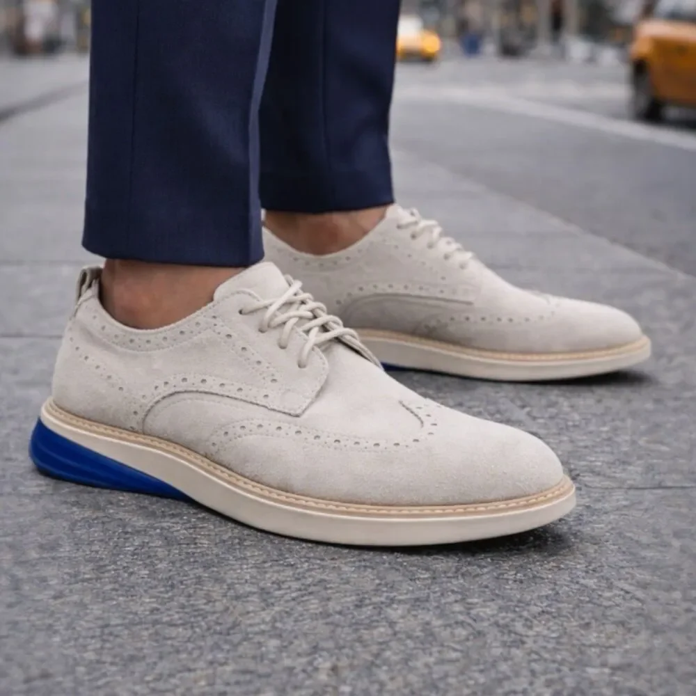 Cole Haan Oxford Shoes Mens 9.5 Gray Suede Wingtip Grand Evolution Pumice Dress
